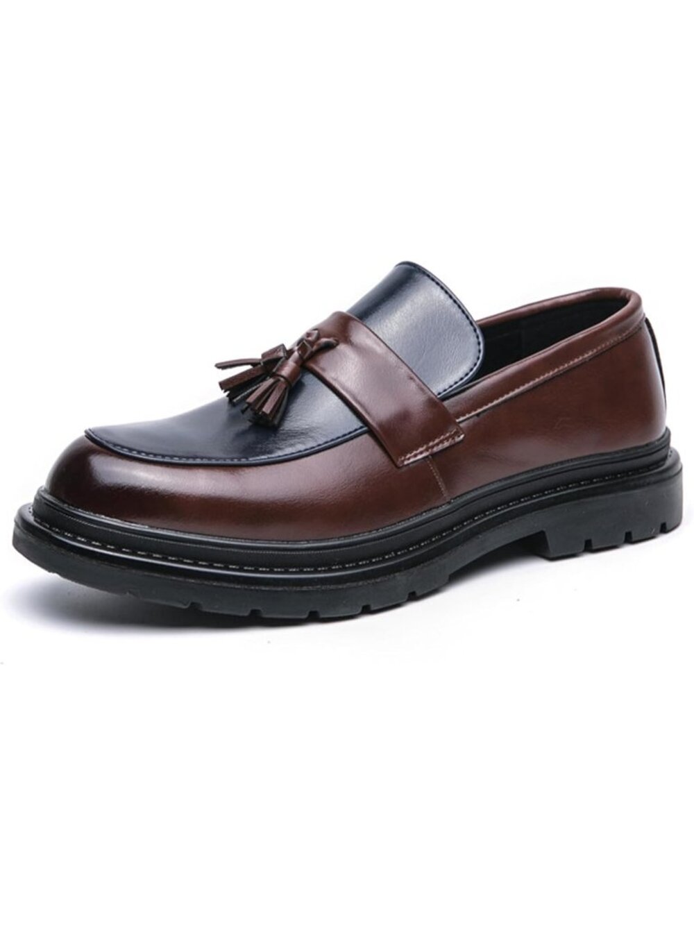 Men’s Blue Brown Tassel Platform Loafers Wide Round Toe Lug Sole Dress Shoes